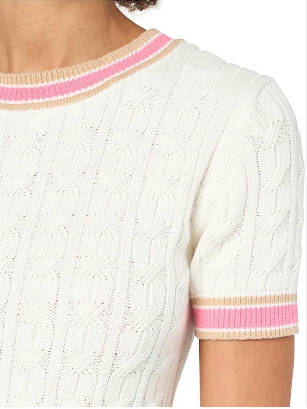 NWOT Tommy Hilfiger Cream Cable-Knit Short Sleeve Sweater w Pink Trim XL